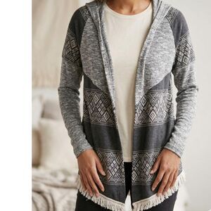 Maurices Geometric Aztec Fringe Hooded open Cardigan Sweater Grey Medium M